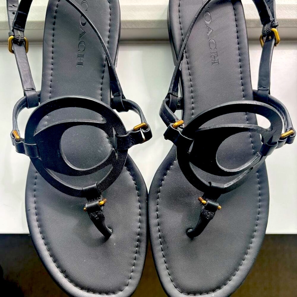 Coach Shoes Black Leather Logo Sandals Size 9.5